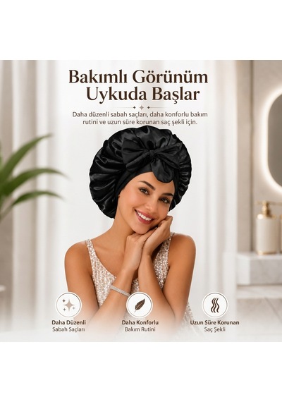 Ayarlanabilir Saç Bakım Bonesi İpek Saten Uyku Bonesi Tek Katlı Bandana Siyah