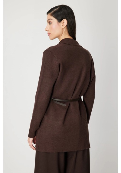 On Fashion Kadın Önü Açık Cepli Kemerli Kahverengi Hırka 69907 Kahve
