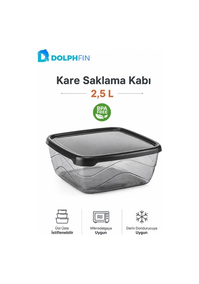 Kare Saklama Kabı 2,5 Litre 21x21x8,5 Cm Füme Şeffaf Siyah Kapaklı Bpa İçermez