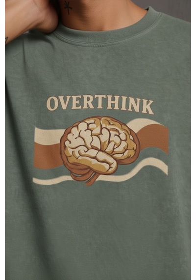 Technomonkey Yeşil Overthink Baskılı Pamuklu Unisex Tişört