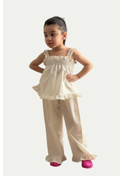Boyboy Kidswear Kız Çocuk Fırfır Detaylı Askılı Bluz Ve Pantolon Takım Ekru