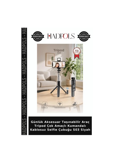Günlük Aksesuar Taşınabilir Araç Tripod Çok Amaçlı Kumandalı Kablosuz Selfie Çubuğu S03 Siyah