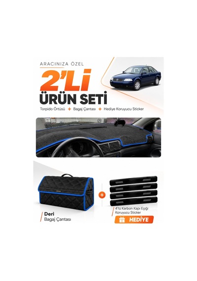 E-biz Volkswagen Passat B5.5 2000-2005 Uyumlu Torpido Örtüsü + Deri Çanta - Siyah-mavi - Vw015