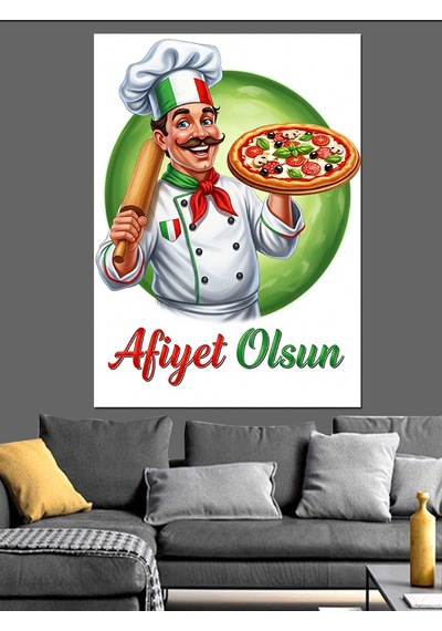 Ahşap Tablo Pizza Yapan Usta Aşçı Afiyet