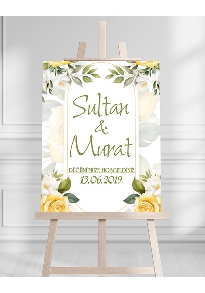 Söz Nişan Düğün İçin 50x70 Karşılama Panosu - Sarı Gül Desenli Beyaz