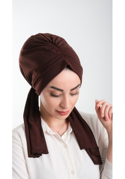 Hürrem Bone Kahverengi Pratik Hazır Geçmeli Tesettür Bone Kesik Elyaf Sade 21 Kahverengi