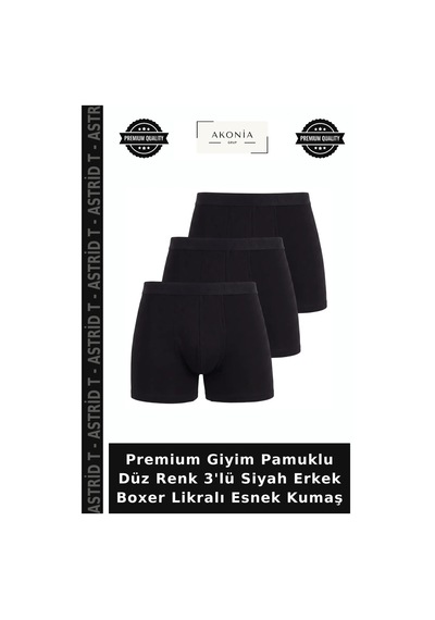Astrid T Premium Giyim Pamuklu Düz Renk 3'lü Siyah Erkek Boxer Likralı Esnek Kumaş
