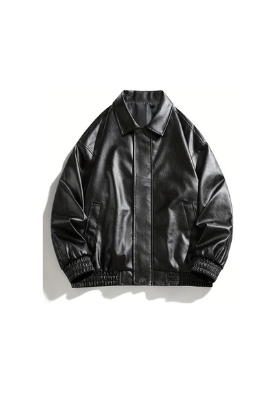 Meecy Kadın Oversize Unisex Bomber Deri Ceket Mont Black Black