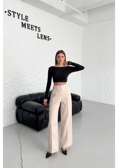 Defymoda Yüksek Bel Pensli Palazzo Pantolon Bej