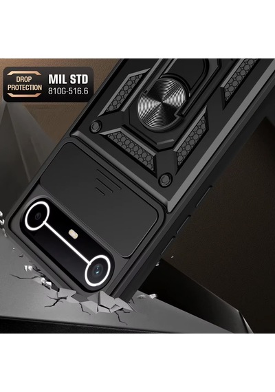 Caseonn Tecno Spark Slim 5g Kılıf Sürgülü Kamera Korumalı Yüzüklü Mıknatıslı Tank Kapak Siyah