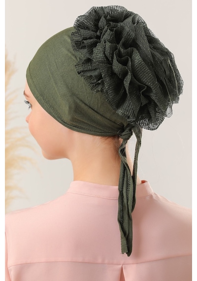 Melodi Scarf Tesettür Fırfırlı Bone Haki Haki