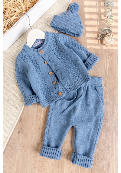 Babymod Bereli Triko Hırkalı Kışlık Erkek Bebek Takım Set mavi