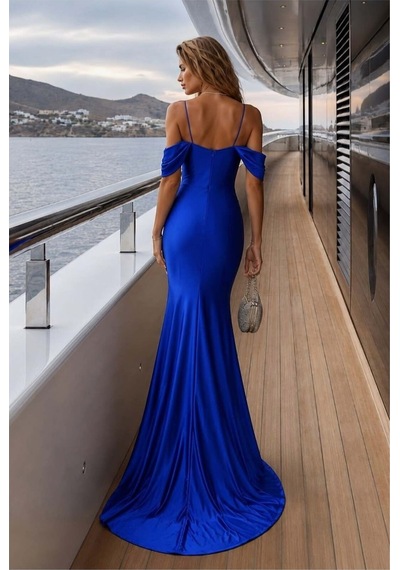 DefyModa Kadın Trend Tasarım Saten Kumaş Carmen Yaka Abiye Elbise Saks
