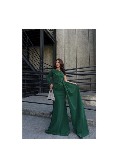 DefyModa Kadın Krep Kumaş Tek Omuz Kuyruklu Abiye Elbise Zümrüt