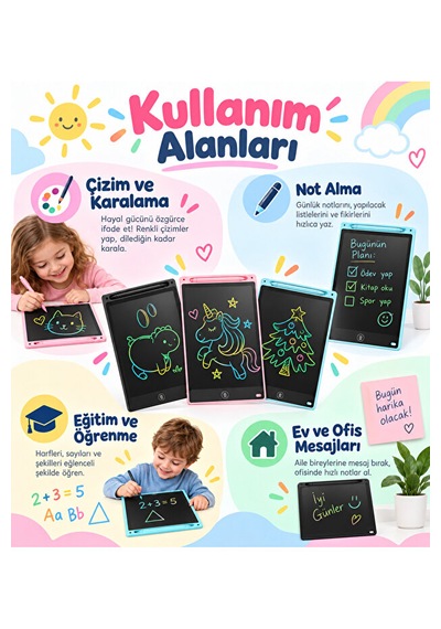 20 İnç Lcd Yazı Ve Çizim Tableti Renkli Ekranlı Tek Tuşla Silme Kalemli Çocuk Not Ve