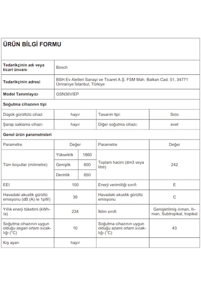 Bosch GSN36VIEP 242 L Serie 4 Solo Derin Dondurucu