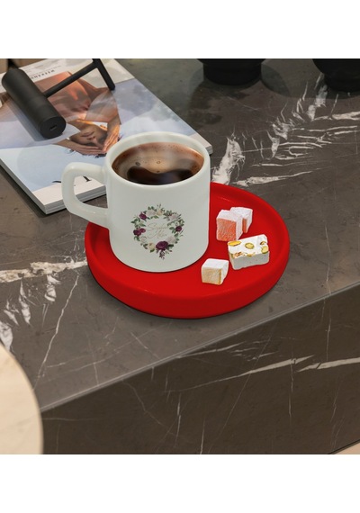 Kişiye Özel Kırmızı Sunum Tabaklı Çiçek Tasarımlı Türk Kahvesi Fi N11.4550