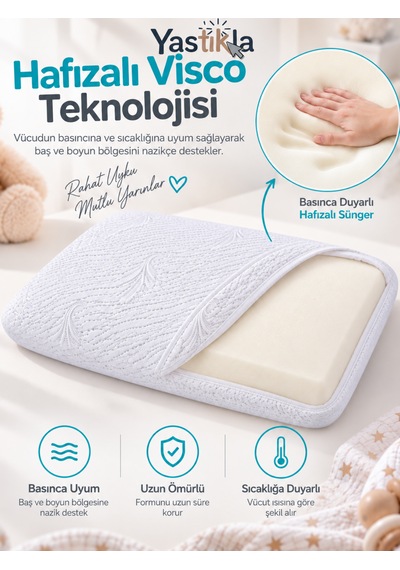 Ortopedik Hafızalı Visco Bebek Ve Çocuk Yastığı Nefes Alabilen 38x26x6,5 Cm Beyaz