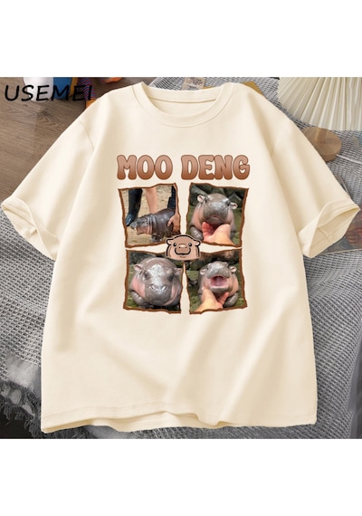 Flood Of Style Moo Deng Rap T Shirt Seviyorum Moo Deng Komik Bebek Hippo Sevgilisi T-shirt Rahat Pamuk Erkek Haki