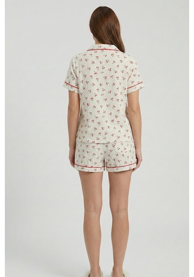 Cherry Ekru Biyeli Müslin Dokuma Şortlu Pijama Takımı Beyaz