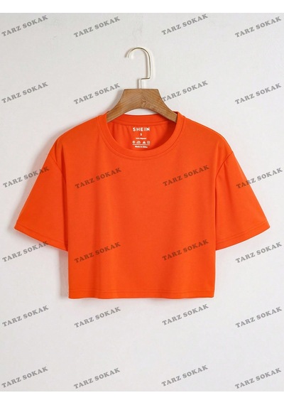Flood Of Style Crop Ckod-232913 Katı Düşük Omuz Kısa Turuncu