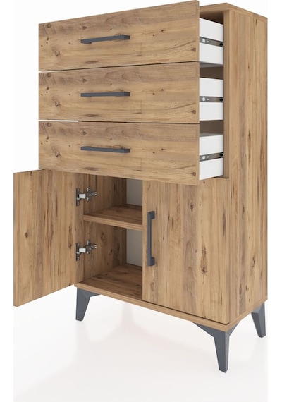 Arges Komodin Tek Raflı 3 Çekmeceli 2 Kapaklı 60x30x106 Çam-çam Çam