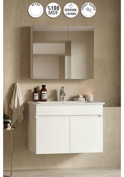 Lotus 75 Cm Beyaz Mdf Seramik Lavabolu Asma Banyo Dolabı Takımı