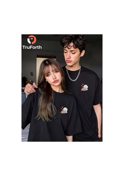 Nevermind Sevgili Kombin Tişörtü Sevimli Karakter Baskılı Unisex Oversize Ç Siyah
