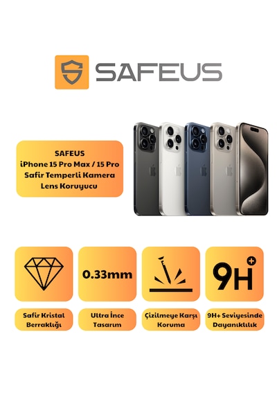 Safeus Safir Temperli Kamera Lens Koruyucu Apple Uyumlu iPhone 15 Pro Max Ve İle Mavi Titanyum