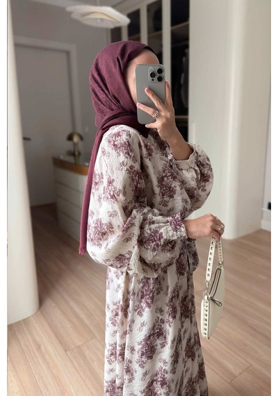 Kahijab Çiçek Desenli Yarasa Kol Astarlı Elbise - Bordo