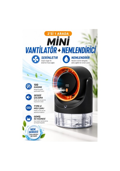 2'si 1 Arada Masa Vantilatörü Ve Nemlendirici Fan 450 Ml Su Hazneli Sessiz Çalışma Şarjlı Masa Vantilatörü 100 Kademe Rüzgar Hızı