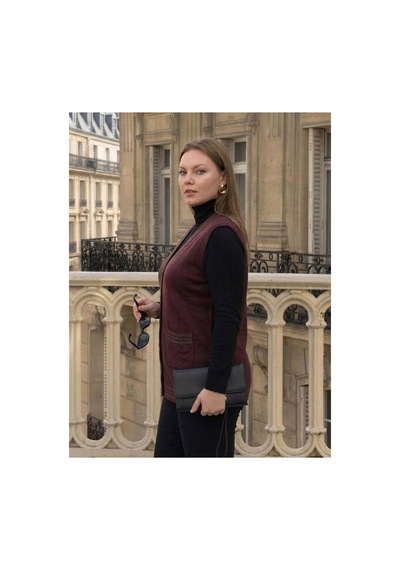 Onno Style Women Bantı Hasır Desenli Çelik Örgü Klasik Triko Yelek Bordo