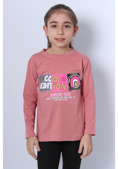 Hçm Kız Çocuk Uzun Kollu Tshirt 4 Mevsim Bisiklet Yaka Cool Edition Baskılı D45 Pudra