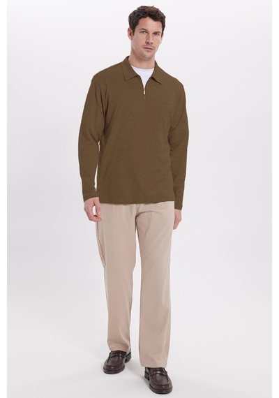Tudors Erkek Relax Fit Rahat Kesim %100 Pamuk Yarım Fermuarlı Polo Yaka İnterlok Koyu Vizon Sweatshirt-42173 Koyu Vizon