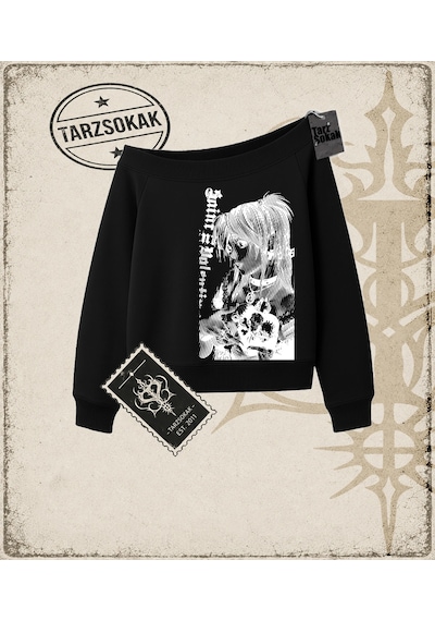Tarzsokak Gotik & Grunge Streetwear Vintage Anime Misa Amane Saint Gotik Y2k Kayık Yaka Sweatshirt Siyah