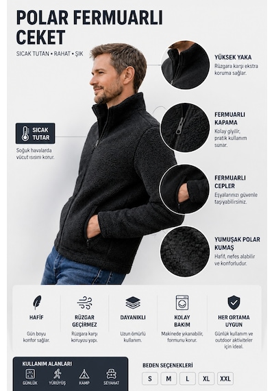 Luxıc Core Erkek Peluş Mont Slim Fit Dik Yaka Fermuarlı Cepli Günlük Spor Ceket Siyah