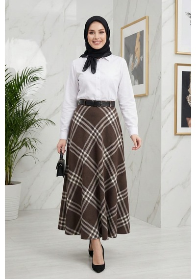Hb Harma Time Butik Kadın Bej Desenli Kemerli Etek Bej Bej