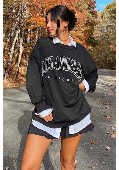 Mad Girls Siyah Baskılı Oversize Kadın Sweatshirt Mg780
