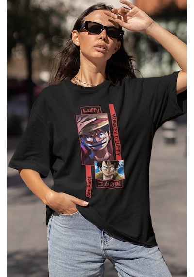 Sevbano Monkey D. Luffy Baskılı Unisex Oversize One Piece Anime Karakter Siyah