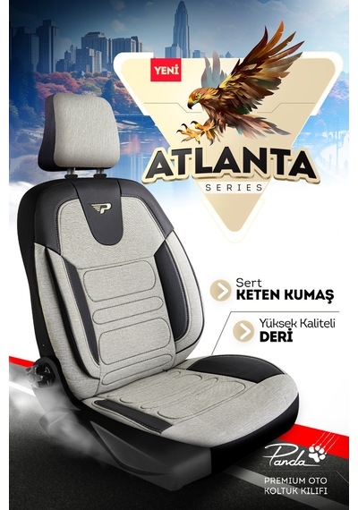 Bej - Siyah Panda Atlanta Serisi Keten Kumaş Oto Koltuk Kılıfı - Tam Set