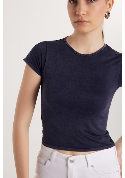 Tudors Kadın Slim Fit Dar Kesim Düz Basic Bisiklet Yaka Lacivert Tişört-33680 Lacivert