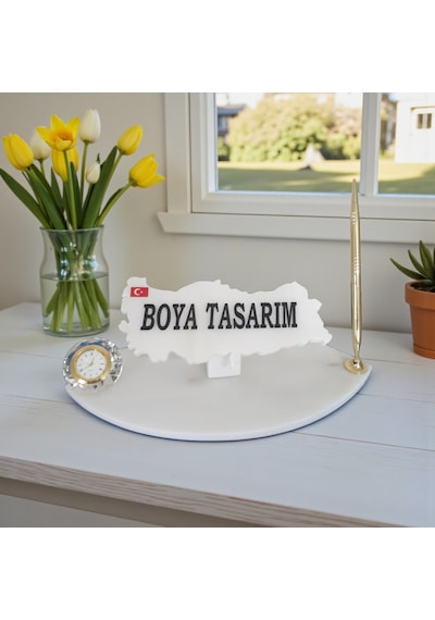 Doğal Beyaz Mermer Sümen Masa İsimliği Gold Detaylı Saat Ve Kalemli