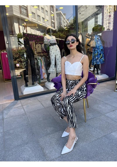 Zebra Desen Yüksek Bel Rahat Pantolon - Zebra Desen -136 Beyaz