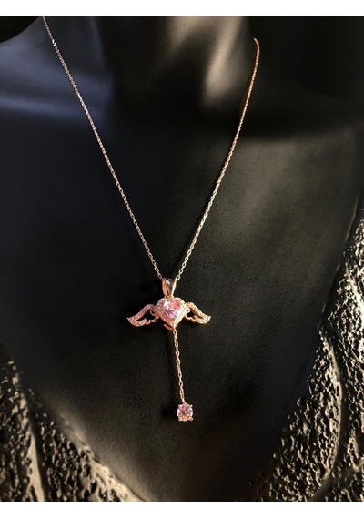 Vog Swarovski Taşlı S Model Kanatlı Pembe Kalp 925 Gümüş Kolye