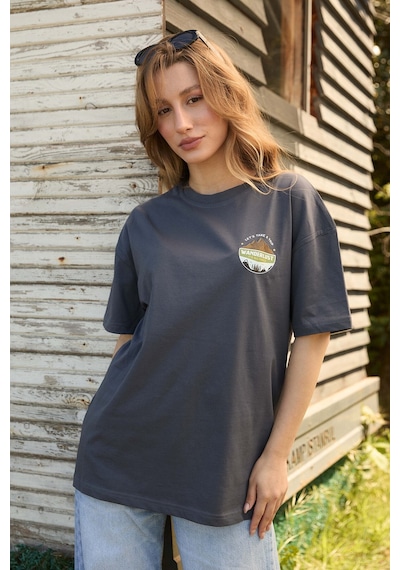 Velvoria Unisex Oversize Relaxed Home Is Where Baskılı Antrasit Renk T-shirt