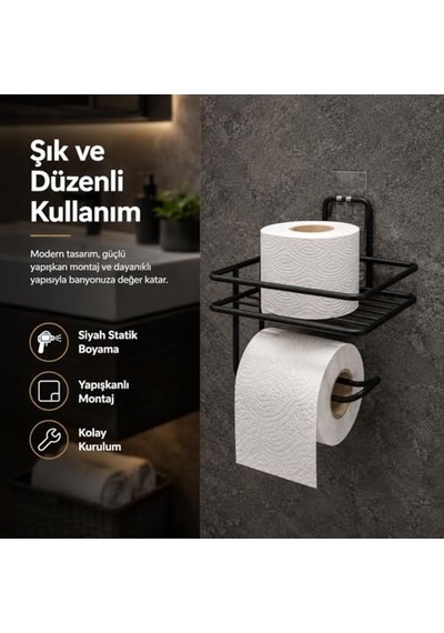 Yapışkanlı Raflı Tuvalet Kağıtlığı - Mat Siyah Metal Paslanmaya Dayanıklı Deliksiz Banyo Düzenleyici Raf Ve Diğer
