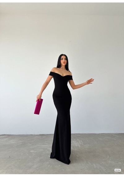 Suma Kadın Madonna Yaka Krep Maksi Boy Elbise Siyah Xs Beden