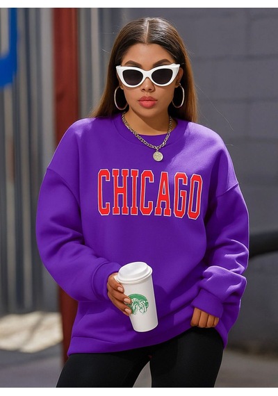 Chıcago Baskılı Unisex Sweatshırt Mor