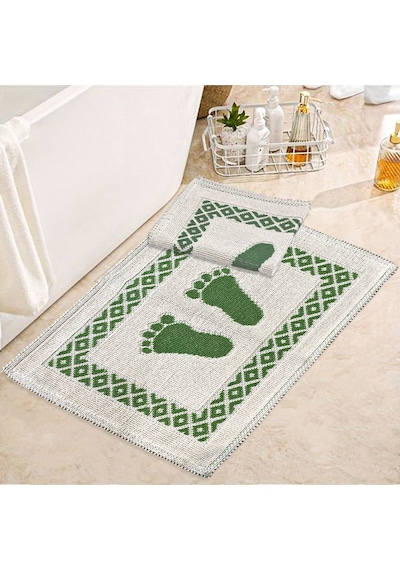 Soffy Krem & Yeşil 2 Adet 50x70 Cm Banyo Paspası %100 Doğal Pamuk Ayak Paspası Ayak Havlusu Krem - Yeşil