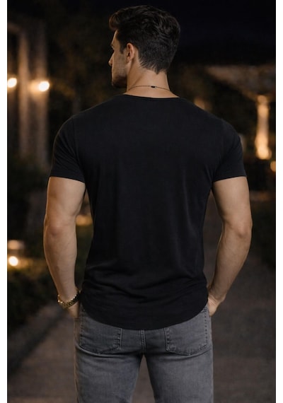 Bybülent Erkek Oval Yaka Tişört Açık Yaka Likralı Slim Fit T-shirt Siyah